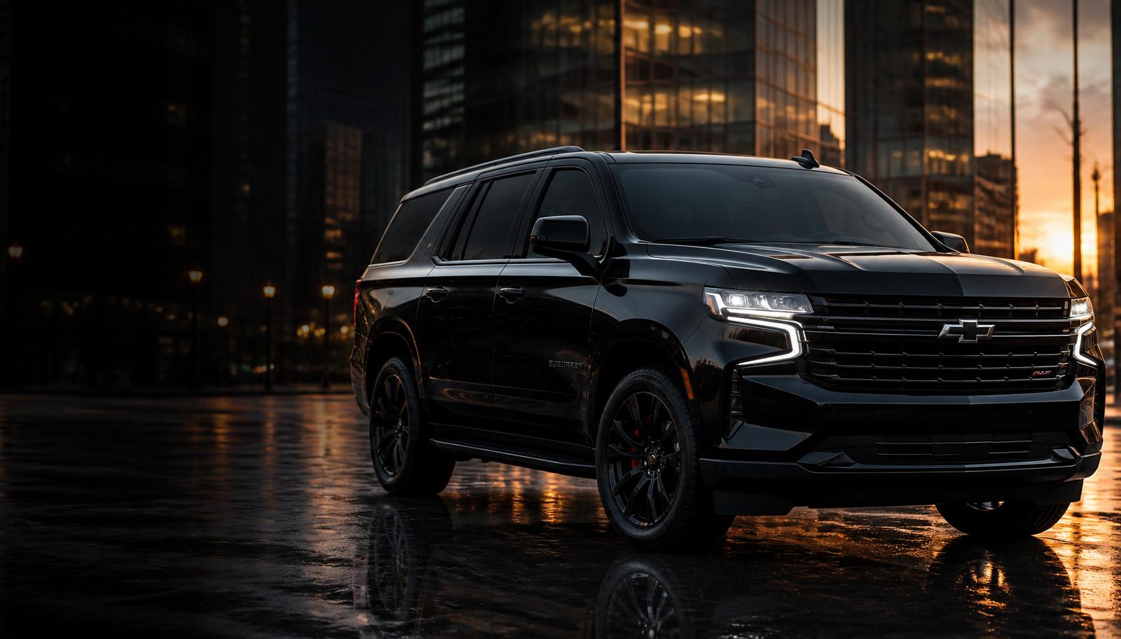 2026 Chevrolet Suburban RST in gloss black on wet pavement at golden hour, blurred city skyline behind